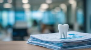 Tooth model on top of stack of paperwork